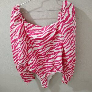 ZARA- S- BODYSUIT -ZEBRE ANIMAL PRINT BUBBLEGUM PINKS AND WHITE -PUFED SHOULDER'
